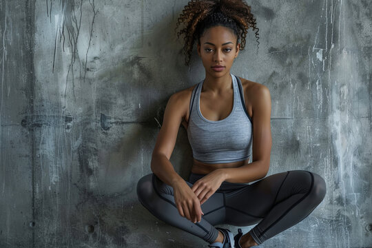A physically fit woman in athletic attire, preparing for a workout with her gym essentials, sporting fitted yoga attire and athletic shoes