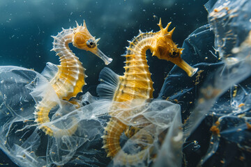 Colorful seahorses fish trapped in a plastic bag, plastic pollution in ocean concept. - obrazy, fototapety, plakaty