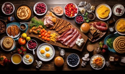 Top view bright photo of Large selection of breakfast food on a table, sun light from side. Healthy breakfast concept. - obrazy, fototapety, plakaty