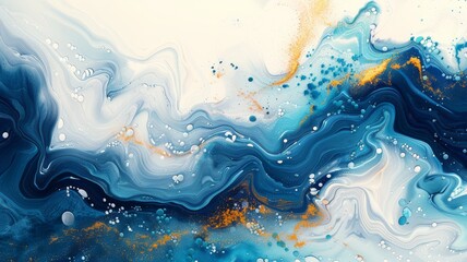 Acrylic pour painting with mesmerizing swirls of blue and gold resembling celestial waves..
