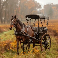 Majestic horse stands ready with an elegant carriage in a misty autumn field, inviting a nostalgic journey through a serene, fall landscape.