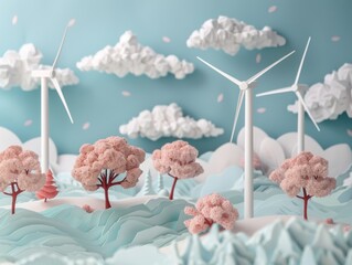 Paper art diorama depicting wind turbines in a whimsical pastel-colored landscape with stylized...