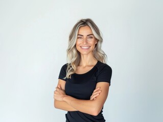 Athletic blonde woman with wavy hair in sportswear smiling on a white background. Fashion and beauty. Sports, active lifestyle, motivation, weight loss and fat burning, nutrition and training program.