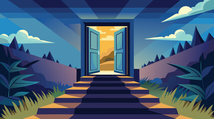 Open Door to a Twilight Mountain Landscape