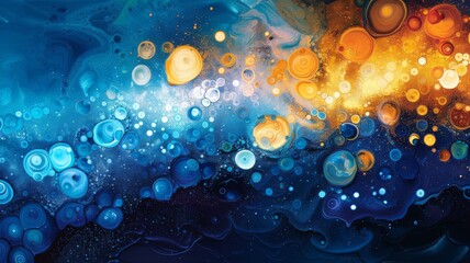 Vibrant abstract composition with blue and golden orbs floating in a dynamic, celestial dance on a dark background.. - obrazy, fototapety, plakaty