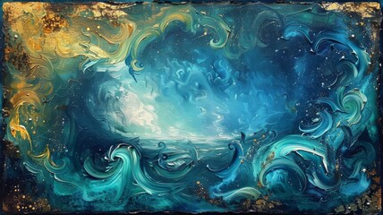 Abstract acrylic painting featuring waves of azure and gold, capturing the ocean's dance on canvas..