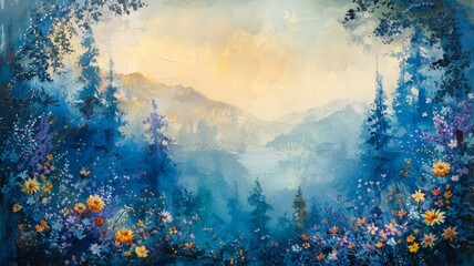 Fototapeta na wymiar A serene twilight scene in an enchanted forest, vibrant with blue hues and wildflowers under a soft, glowing sky. Perfect for wallpaper, web banner, craft background and scrapbooking.