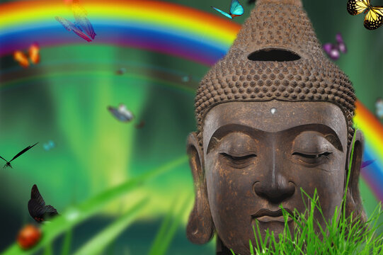 Close up of Buddha in meditation in a zen garden 