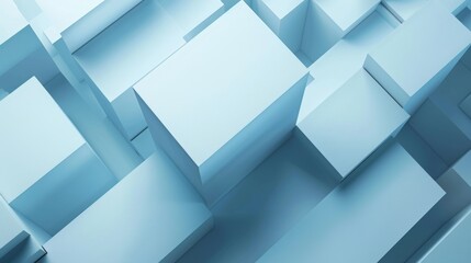 Light blue geometric boxes in a 3D architectural pattern. Clean monochromatic design of open and solid cubes. Serene and structured blue cube arrangement in 3D space.