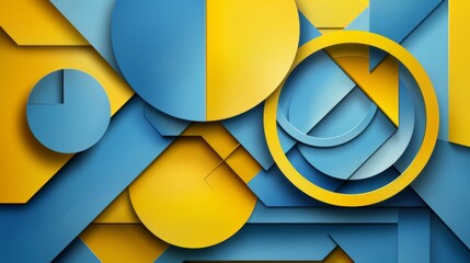 Modern blue and yellow geometric shapes for creative design. Bold abstract circles and rectangles in contemporary art style. Graphic elements with clean lines and block colors. - obrazy, fototapety, plakaty