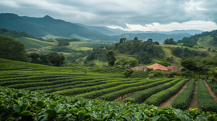 Terraced coffee plantation with green fields and cloudy sky - obrazy, fototapety, plakaty