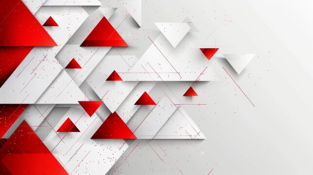 Abstract geometric design with red triangles on white background and dynamic splatter details. Creative red and white triangular composition with a modern artistic feel.