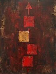 A painting featuring bold red and yellow squares arranged in a geometric pattern