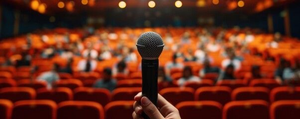 Speech Time concept. Microphone with blured auditorium in background. copy space for text