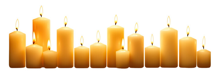 Pillar candles with flames illuminated, cut out - obrazy, fototapety, plakaty
