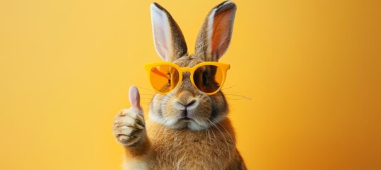 Stylish easter bunny rabbit in shades giving thumbs up on pastel backdrop with space for text