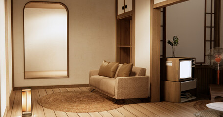 Interior mock up with armchair in japanese living room with empty wall.