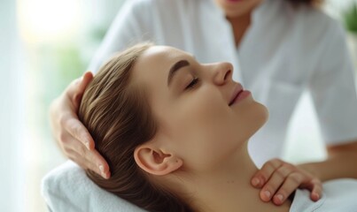 Fototapeta na wymiar Craniosacral therapist massaging the neck of woman in beauty salon