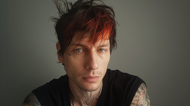 
homem gótico punk rocker com cabelo ruivo, muitas tatuagens