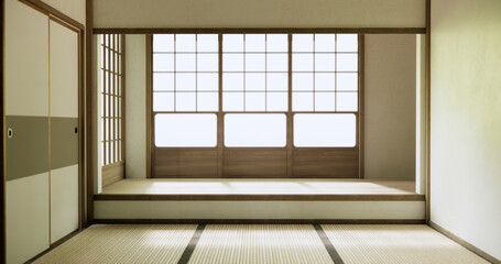 Nihon room design interior with door paper and tatami mat floor room japanese style.