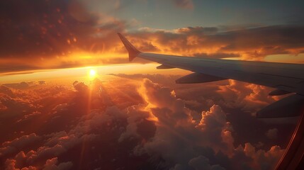 Spectacular sunset sky and aircraft wing captured through airplane window, inspiring travel and...