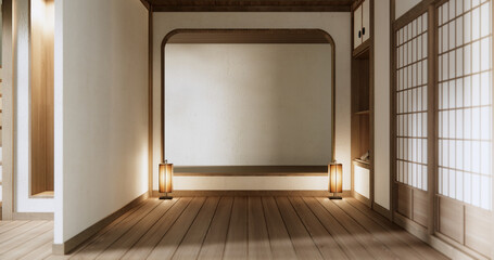 Shelf empty door on wall with wood floor design Japan style.