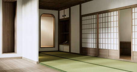 Shelf empty door on wall with tatami mat floor design Japan style.