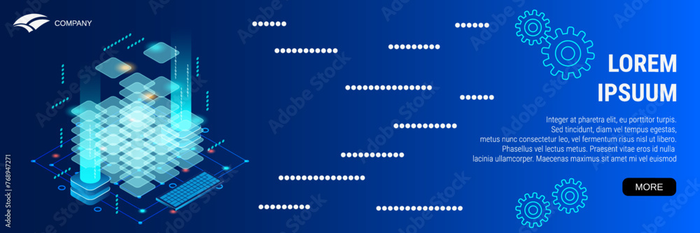 Poster digital technology banner vector design template. blockchain technology flat 3d isometric concept