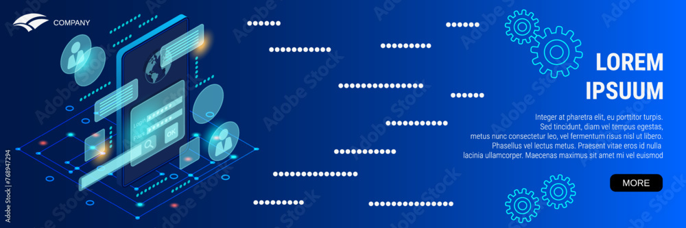 Poster digital technology banner vector design template. mobile internet flat 3d isometric concept