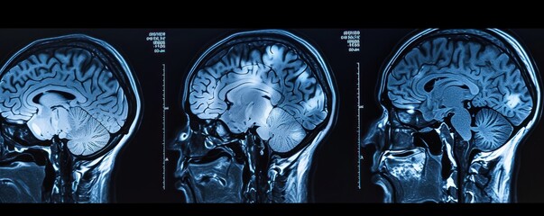 Human brain scan on screen. X-ray of the head on black wall