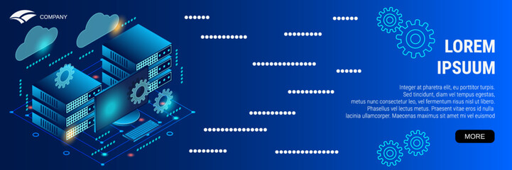 Digital technology banner vector design template. Data center, storage, web server, hosting modern 3d isometric concept