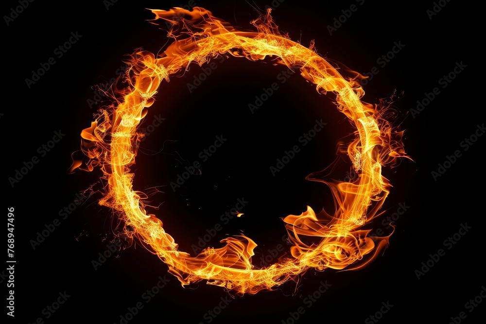 Poster circular frame of burning flames in fiery circle shape on isolated black background