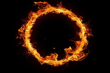 Circular frame of burning flames in fiery circle shape on isolated black background