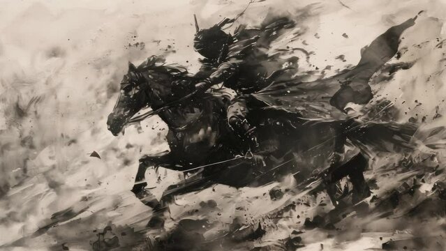 abstract painting of a horse and rider. Black and white ink art suitable for poster and canvas design.