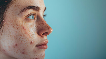 Young woman's face closeup with active acne and scene marks, copy space for advertisement banner,  skin problems, blue background - obrazy, fototapety, plakaty