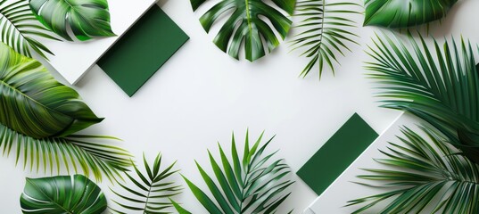 Tropical geometric floral leaf pattern on white and green 3d tiles wall texture background