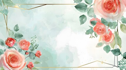 Enchanting watercolor rose garden border featuring light aquamarine shades and golden touches