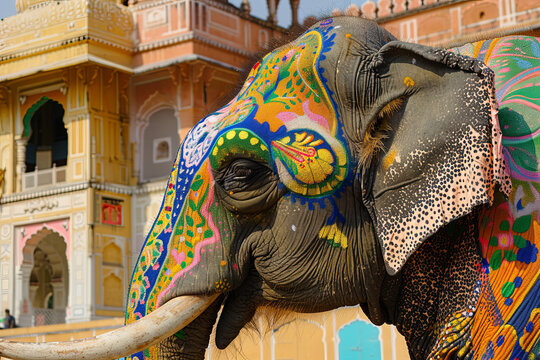 Exquisitely painted elephant in India