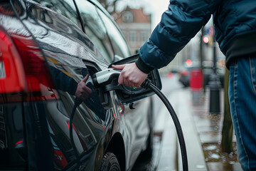 Fototapeta na wymiar Electric car being charged at a station. Man connecting a charging cable from an electric car charging station to a car