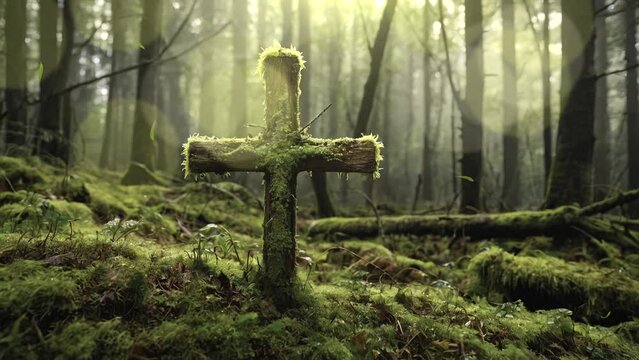 Discover the haunting allure of an ancient grave monument nestled amidst the forest, its weathered surface bearing silent witness to the mysteries of life and death in immersive 4K looping footage.
