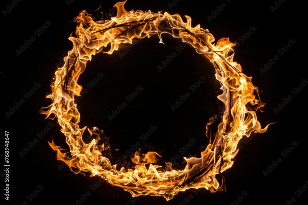 Poster burning flames form circular frame on black background, fiery design of flames in circular shape