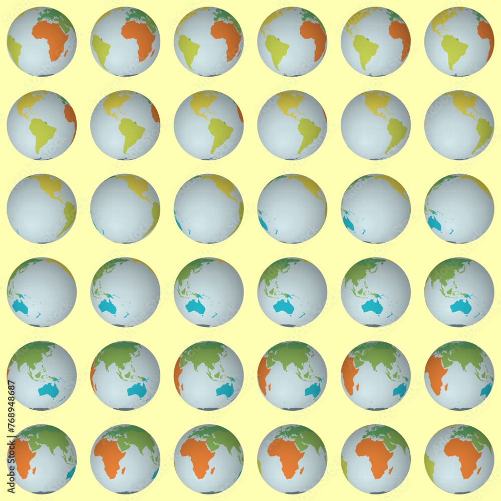 Poster collection of earth globes. normal sphere view. rotation step 10 degrees. colored continents style. 