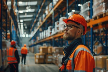 An engineer in a safety vest and hard hat is working in a warehouse