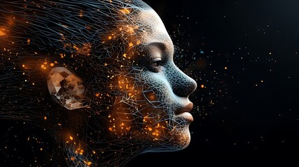 abstract digital human face composed of a constellation of dynamic, glowing data points and geometric lines, set against the backdrop of a digital cosmos, Art