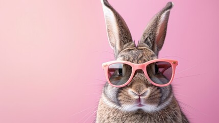 Cheerful easter bunny rabbit in sunglasses gives thumbs up on soft pastel background - obrazy, fototapety, plakaty