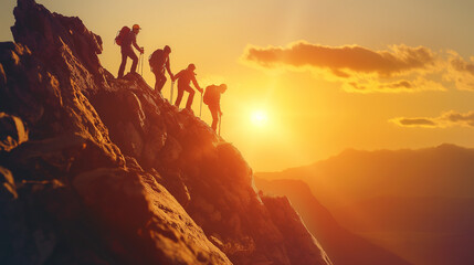 People helping each other reach the mountain top. - obrazy, fototapety, plakaty