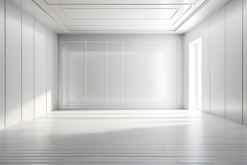 an empty room with white walls and floor, a minimalist painting design.