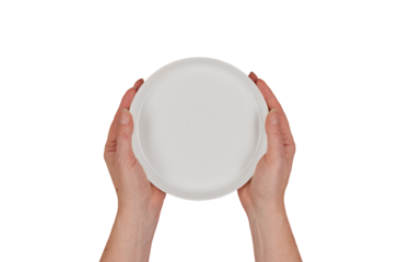 Adult hands holding a white plastic plate left empty for your design. Cut-out image with transparent background. Concept of parties, food, reusable tableware, sustainable parties. 