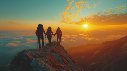 Naklejka premium People helping each other reach the mountain top.