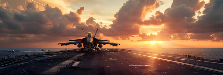 A military fighter jet poised for takeoff from an aircraft carrier deck against a stunning sunset backdrop with dramatic clouds